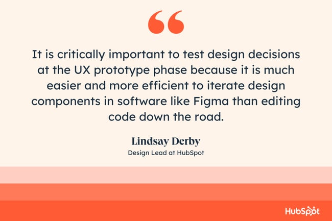 ux prototyping quote by lindsay derby reads: It is critically important to test design decisions at the UX prototype phase because it is much easier and more efficient to iterate design components in software like Figma than editing code down the road.